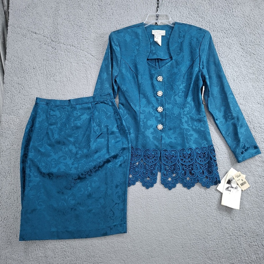 Jessica McClintock Skirt Suit Women 8 Teal Floral Jacquard Brocade 2pc Set NEW